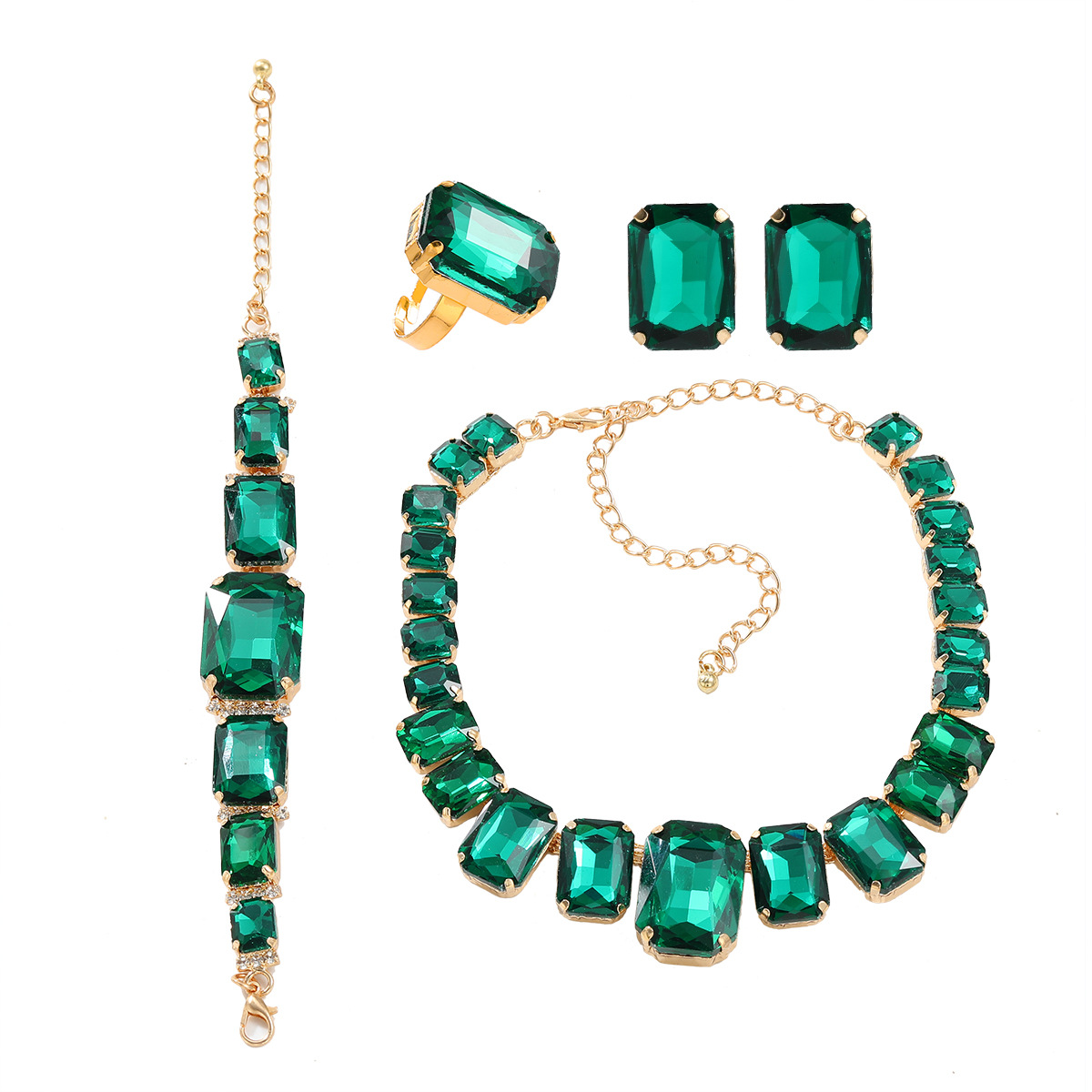  水钻方块首饰4件套